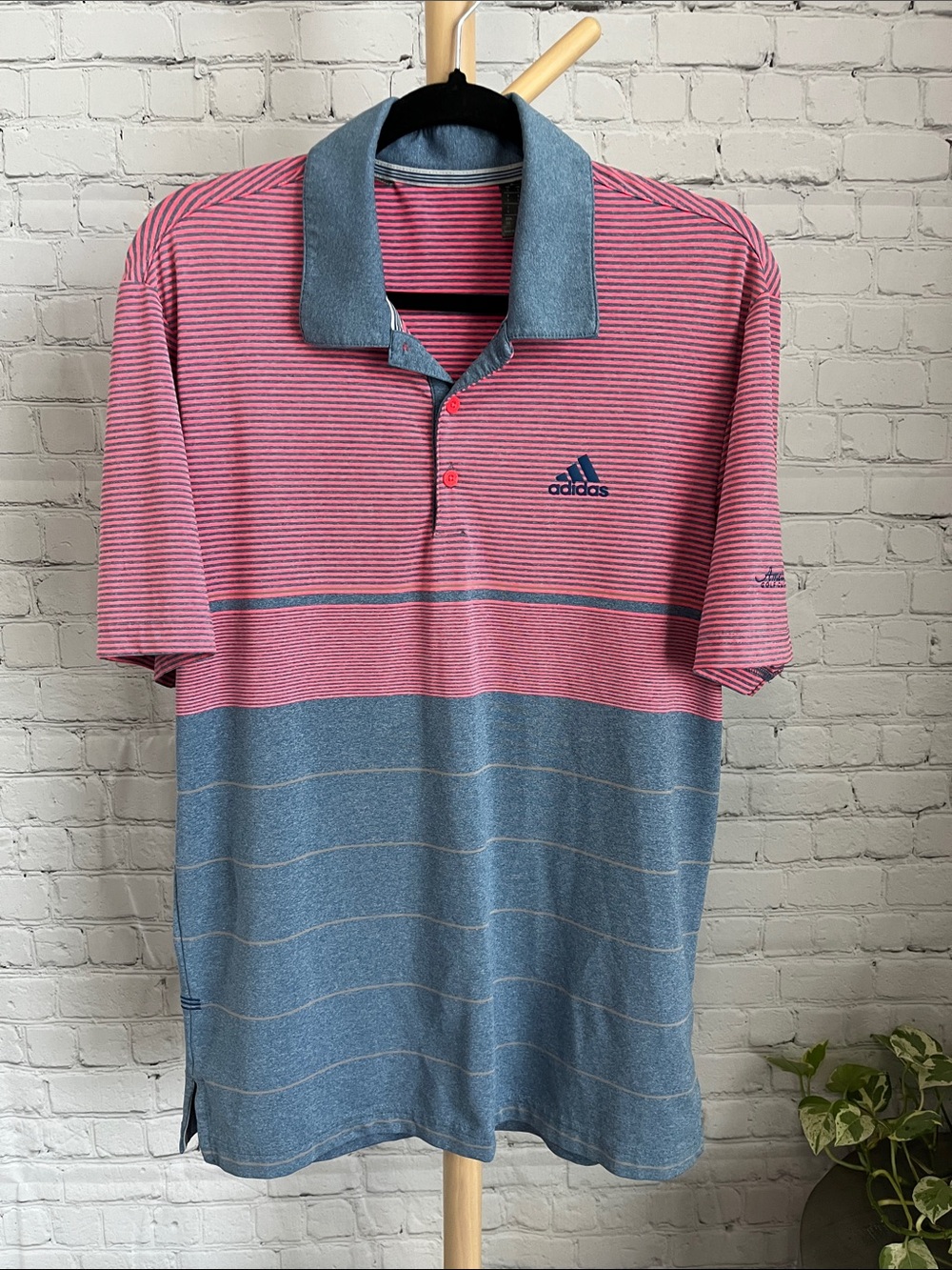 adidas Men’s Pink and Blue Striped Polo Shirt